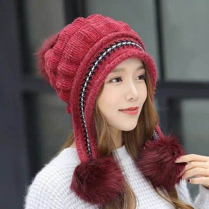 Women Cozy Knit Fleece-Feel Beanie With Ear Flaps Winter Hat Perfect For Skiing & Outdoor Activities - www.Shopthatapp.com