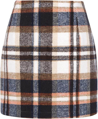 Women's High Waist Plaid Tight Pencil Wool Mini Skirt - www.Shopthatapp.com