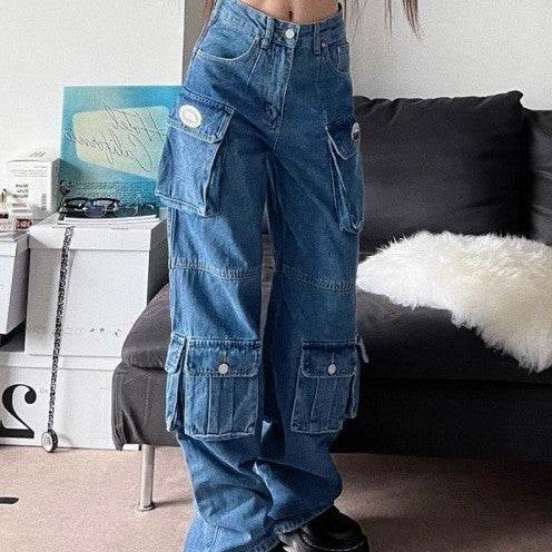 Blue Denim Pant Baggy Boyfriend Cargo Jeans for Women - www.Shopthatapp.com