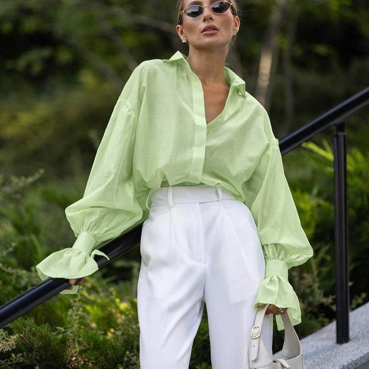 Loose Lapel Lantern Long Sleeves Blouse Shirt For Women - www.Shopthatapp.com