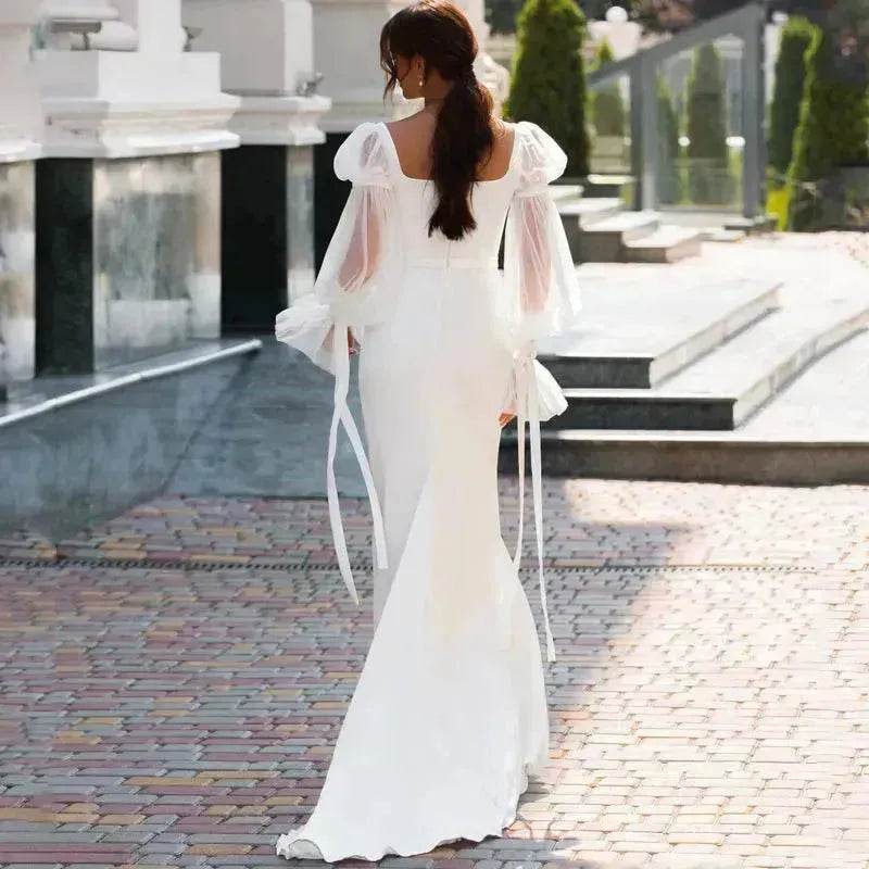 Women's Ruffled Long Sleeve Banquet Temperament High Waist Mop White Wedding  Party Fish Tail Styled  Dress Mermaid Dress - www.Shopthatapp.com