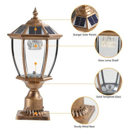 Vintage Gold Solar Pillar Headlight With Dimmable LED-2 Pack Landscape Pathway Light - www.Shopthatapp.com