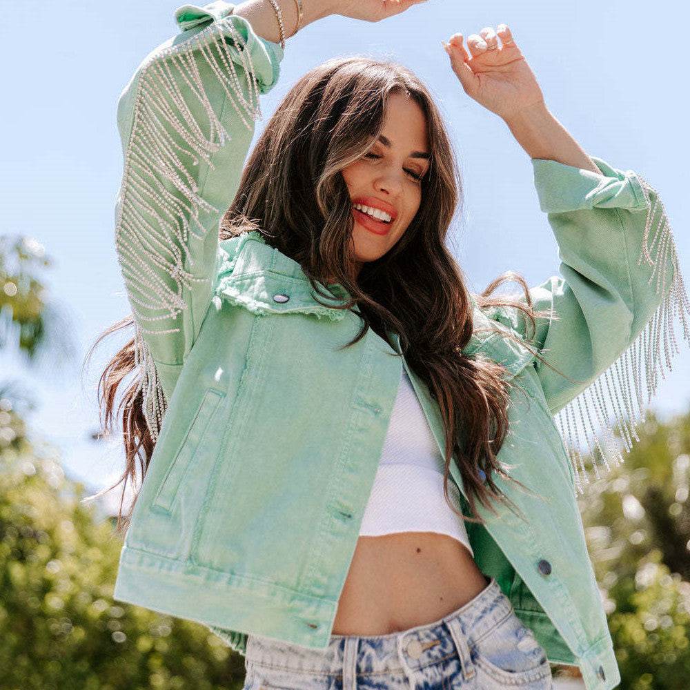 Denim Jacket Women – Light Green Cotton Long Sleeve Jacket - www.Shopthatapp.com