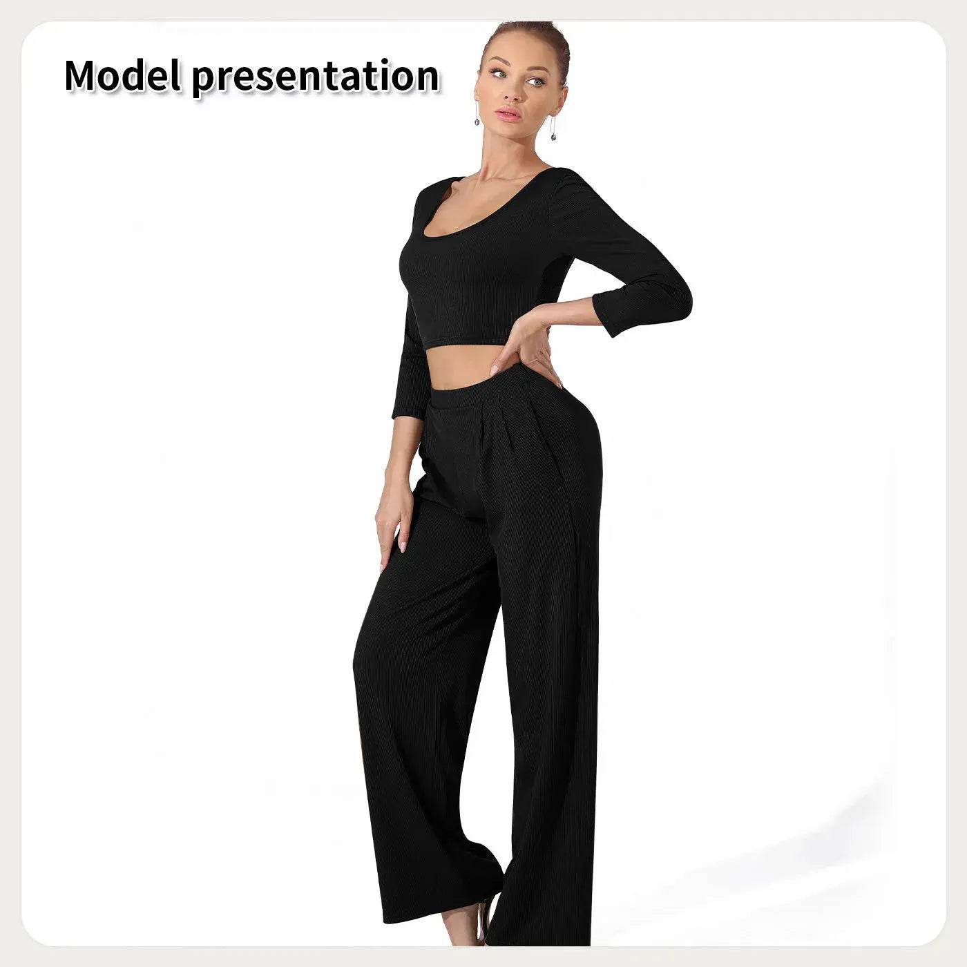 Women Fashion Casual Matching 2pcs set Long Sleeve Crop top and Pant set - www.Shopthatapp.com