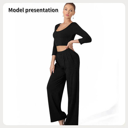 Women Fashion Casual Matching 2pcs set Long Sleeve Crop top and Pant set - www.Shopthatapp.com