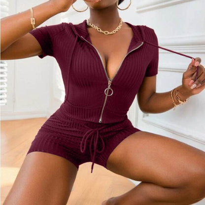 Women Fashion Summer 2pcs Drawstring Hoodie Athleisure wear Short set - www.Shopthatapp.com