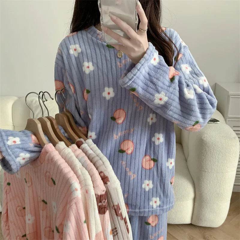 2pcs Women's Fall Winter Warm Pajamas Sets Coral Long Sleeve Cute Cartoon Bear Sleepwear Nightclothes - www.Shopthatapp.com