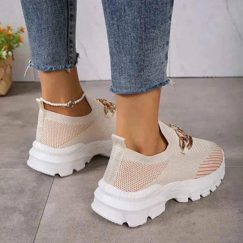 Fashion Chain Design Mesh Shoes For Women Breathable Casual Soft Sole Walking Sock Slip On Flat Chunky Sneakers Shoes for Women - www.Shopthatapp.com