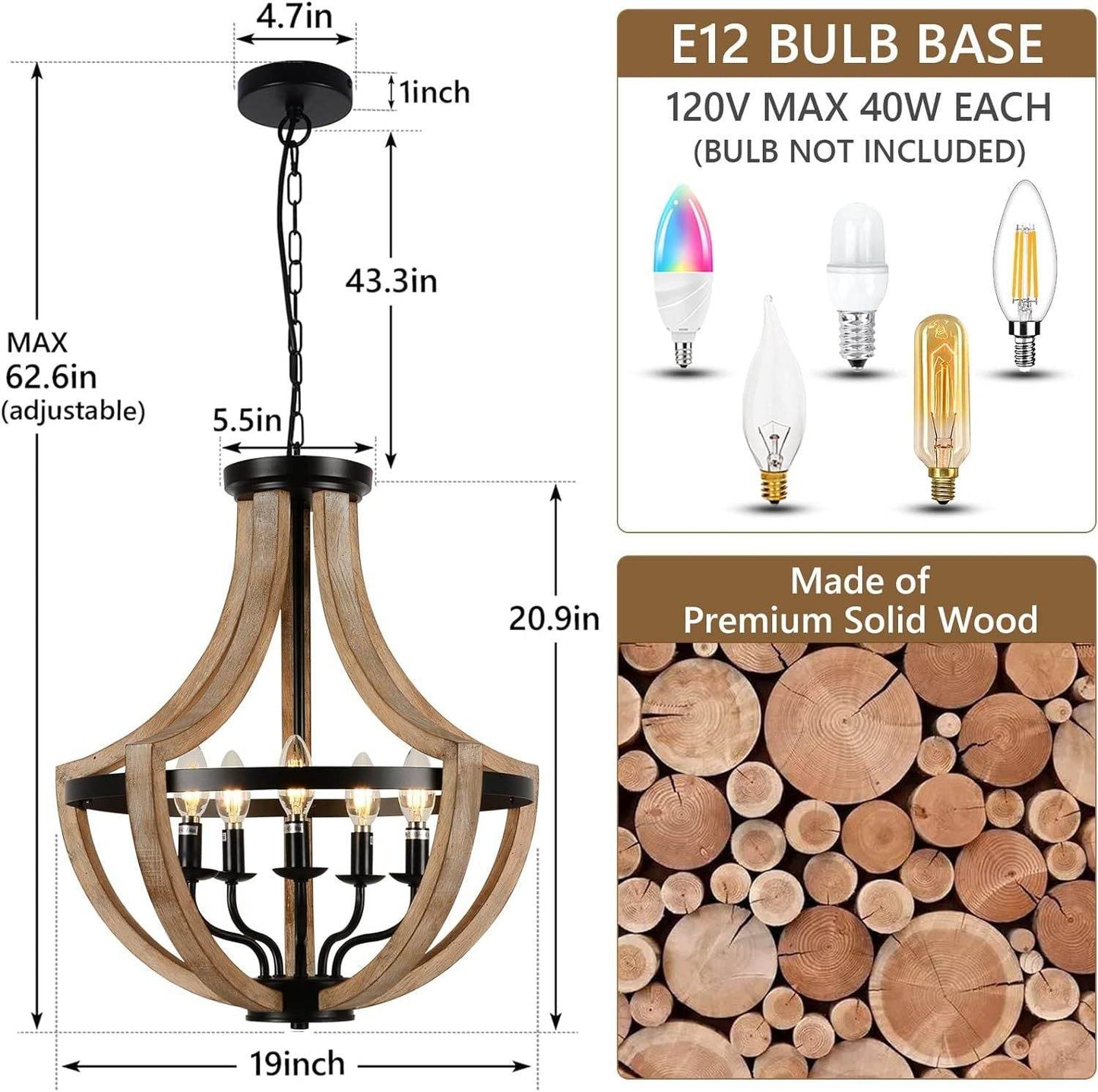 Solid Wood Modern Chandelier For Dining Room, Living Room, Kitchen, Island, Bedroom, Foyer, Height Adjustable, Brown - www.Shopthatapp.com