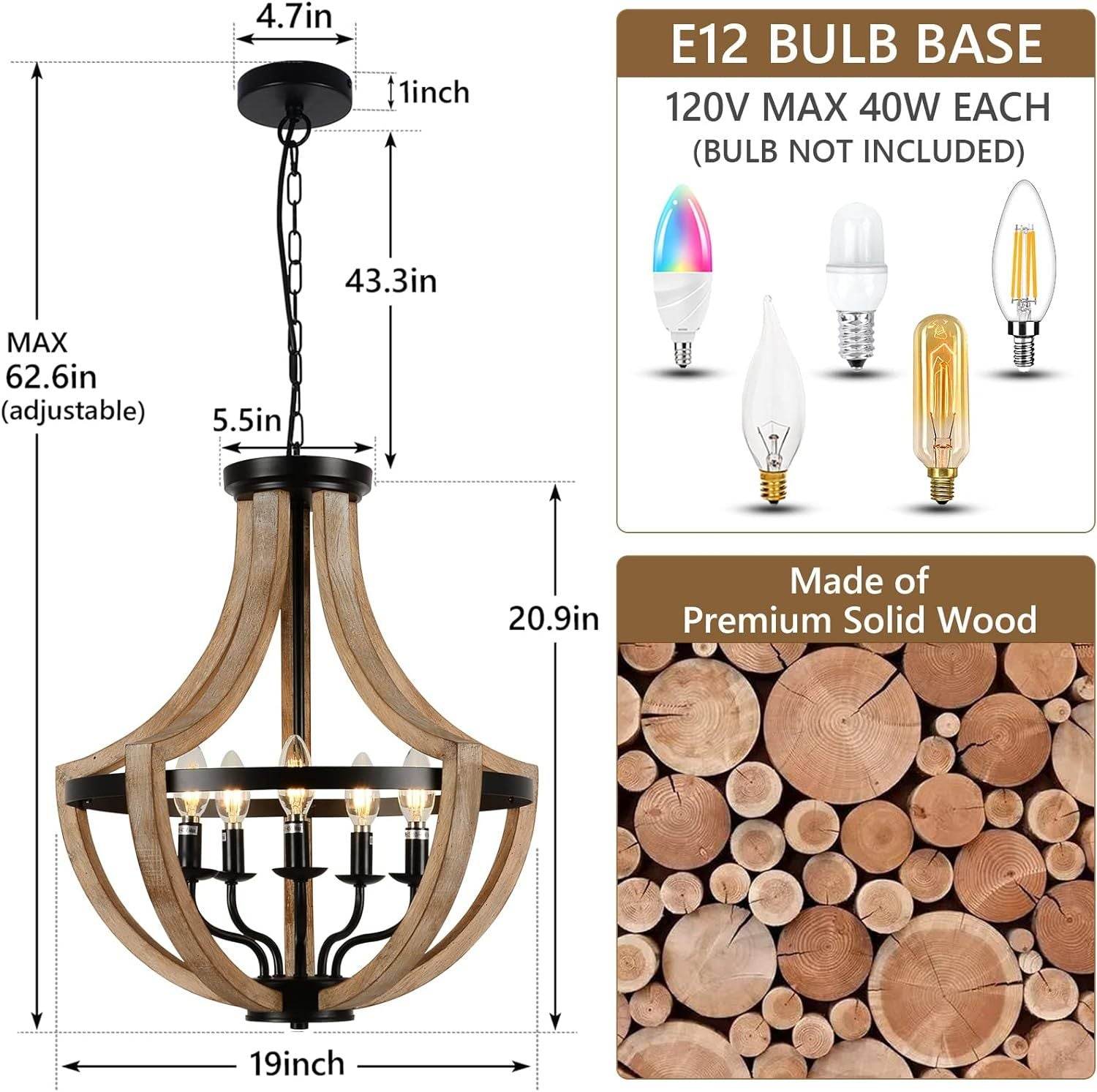 Solid Wood Modern Chandelier For Dining Room, Living Room, Kitchen, Island, Bedroom, Foyer, Height Adjustable, Brown - www.Shopthatapp.com