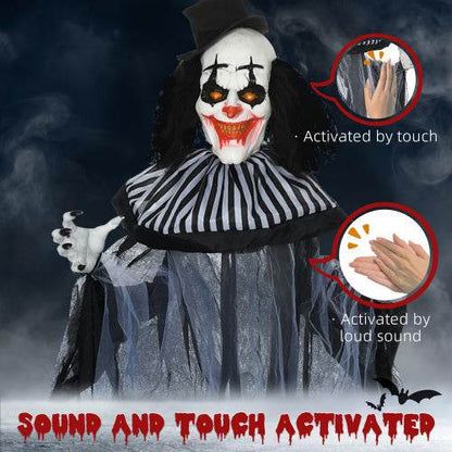 HOMCOM 6 Life Size Outdoor Halloween Decoration, Classic Black And White Striped Clown Animatronic, Sound And Motion Activated Animated Prop With Light Up Eyes  Sounds - www.Shopthatapp.com