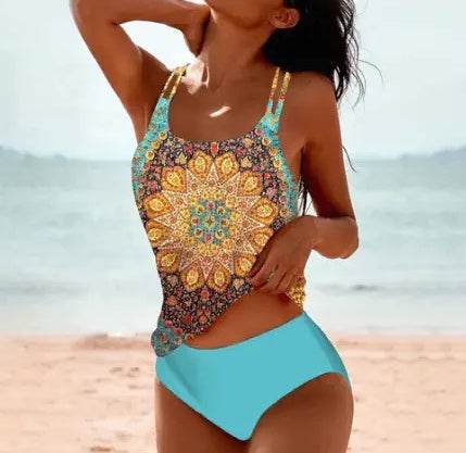 Vintage Printed Split High Waist Conservative Swimwear - www.Shopthatapp.com