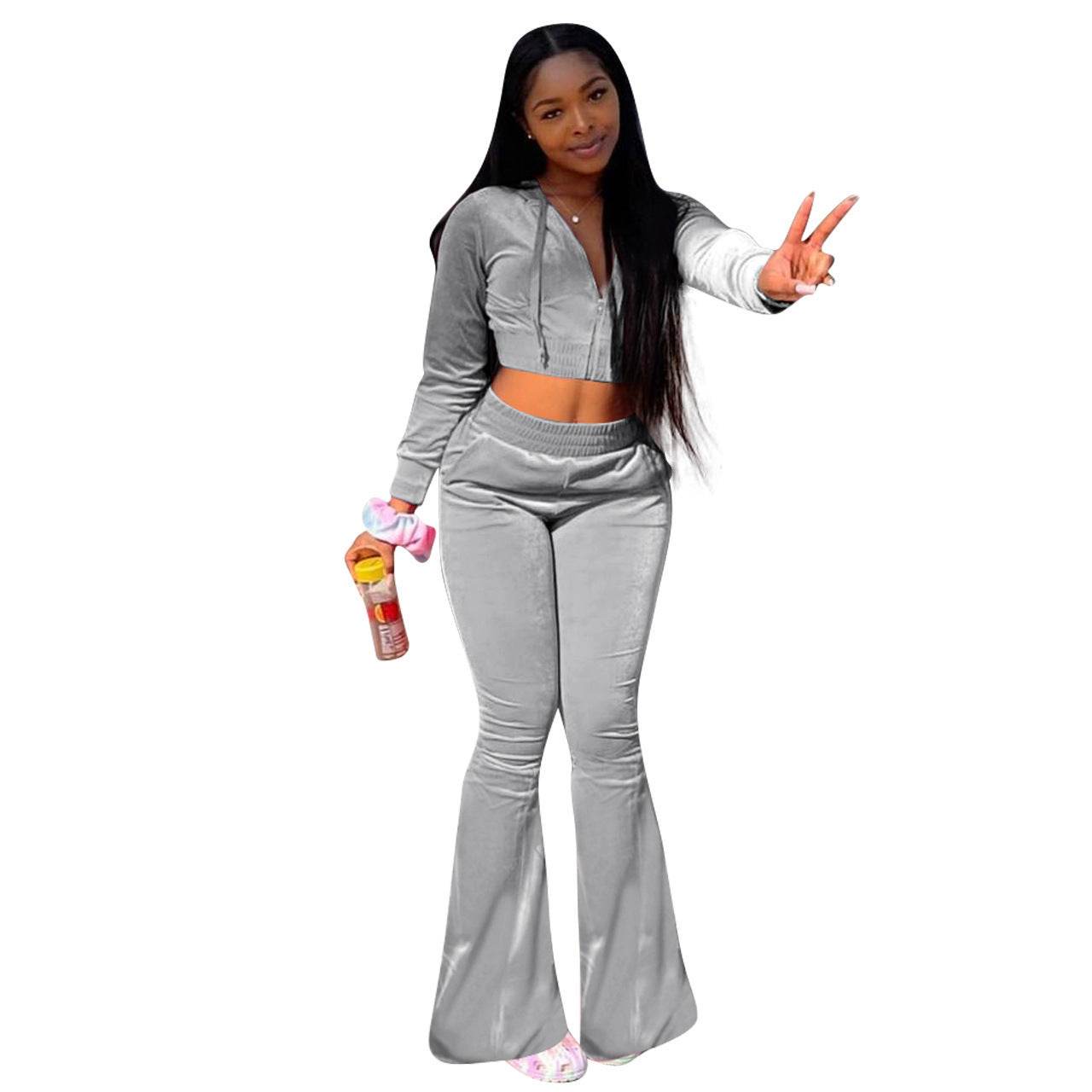Women 2pcs Velvet Hoodie Wide leg Pant Crop top sweatsuit Athleisure Outfit - www.Shopthatapp.com