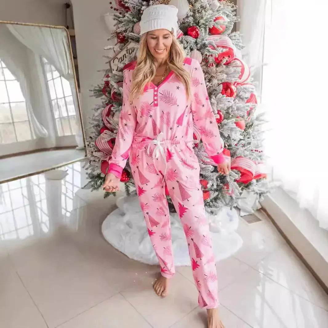 Christmas Pajamas Suit Christmas Tree Printed Long Sleeve Button Two-piece Set - www.Shopthatapp.com