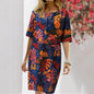 Vintage Dress Women Summer Floral Leaf Print Slit Round Neck Half Sleeve Dresses - www.Shopthatapp.com