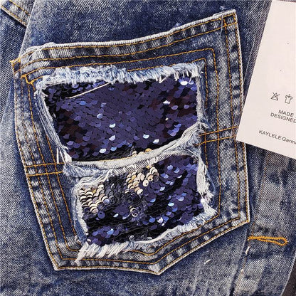 Heavy Industry Sequins Short Doll Sleeve Denim Jacket Women - www.Shopthatapp.com
