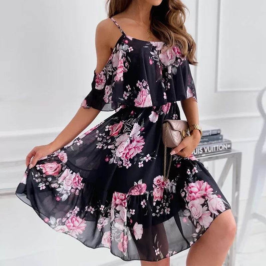 Flower Printed Ruffled Suspender Dress Summer Off-the-shoulder Strap Dresses Women - www.Shopthatapp.com