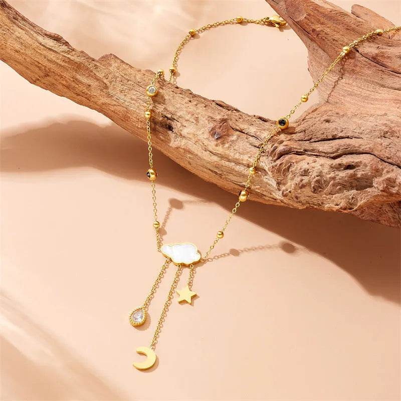 White Shell Cloud Star Moon Long Fringe Water Drop Fashion Necklace - www.Shopthatapp.com