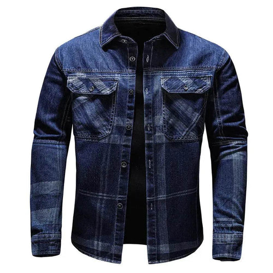 Fashion Plaid Denim Long-sleeved mens denim shirt Slim fit Jeans Shirt for men Denim top for men - www.Shopthatapp.com
