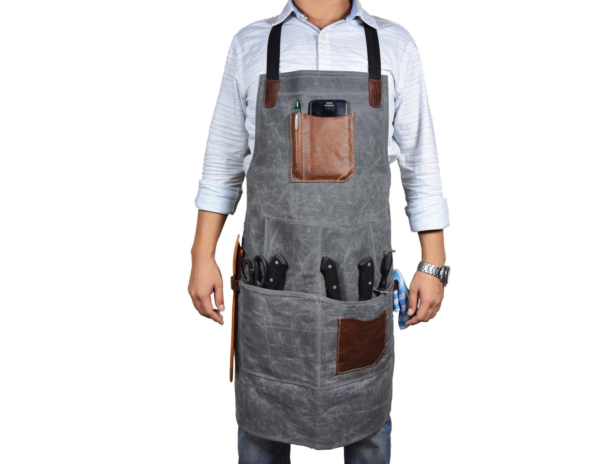 Fremont Leather Canvas Apron -  Grey - www.Shopthatapp.com