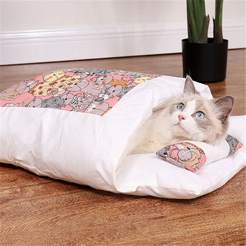 Cozy futon style pet bed featuring soft fabric and a playful animal print design for cats and small pets