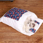 Cozy futon style pet bed with colorful star-patterned design and a cat lounging comfortably inside