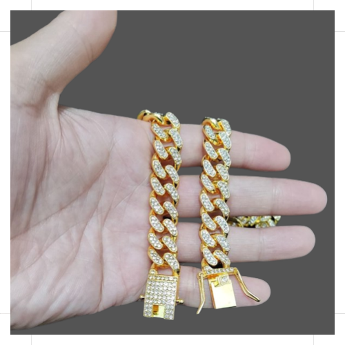 Gold Cuban link bracelet adorned with shimmering cubic zirconia for a luxurious look