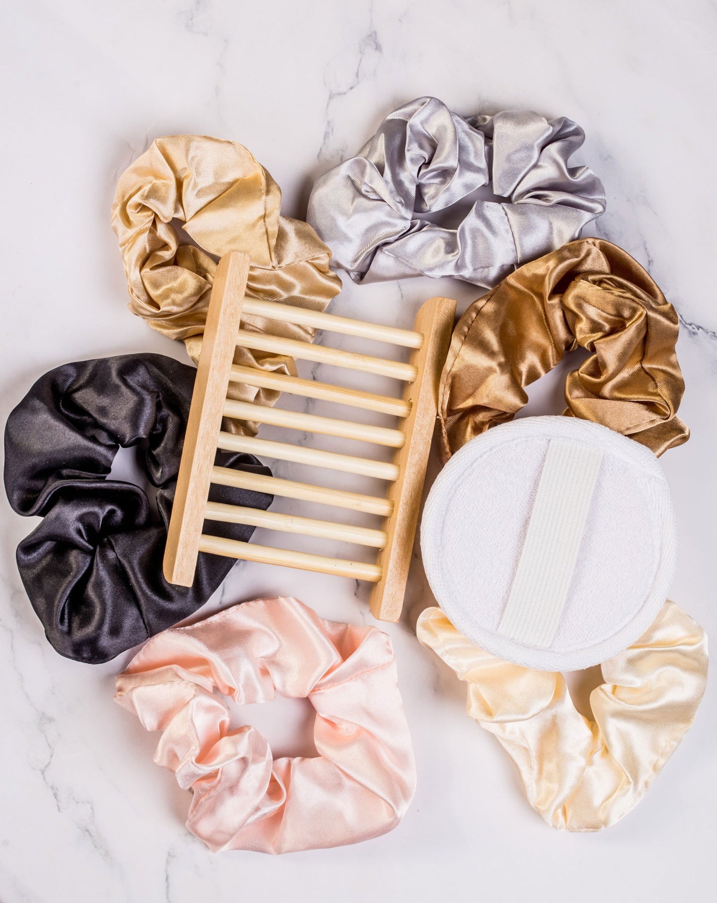 Heav Nation high-quality hair kit featuring silk scrunchies and wooden hair rack for styling and organization