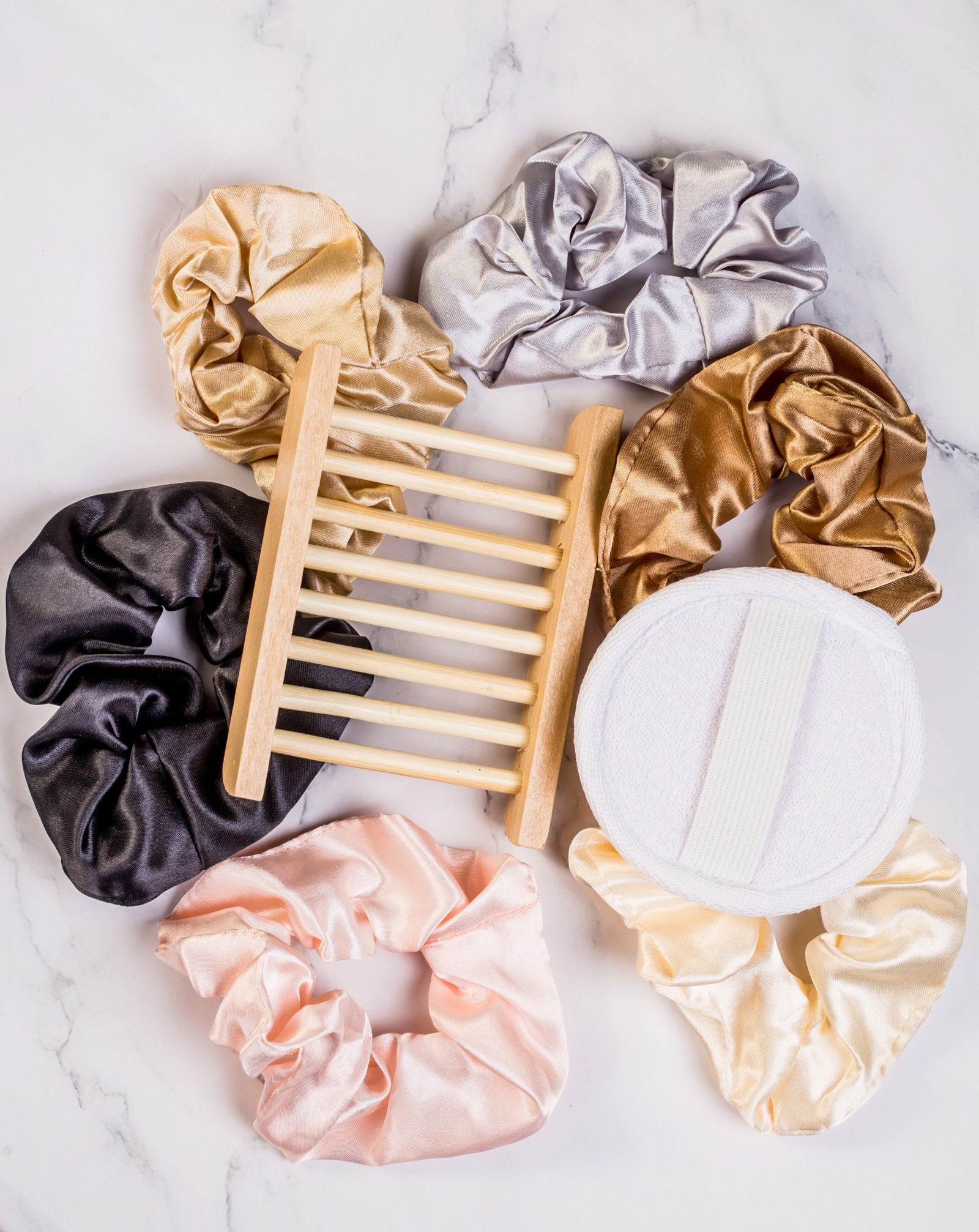Heav Nation high-quality hair kit featuring silk scrunchies and wooden hair rack for styling and organization