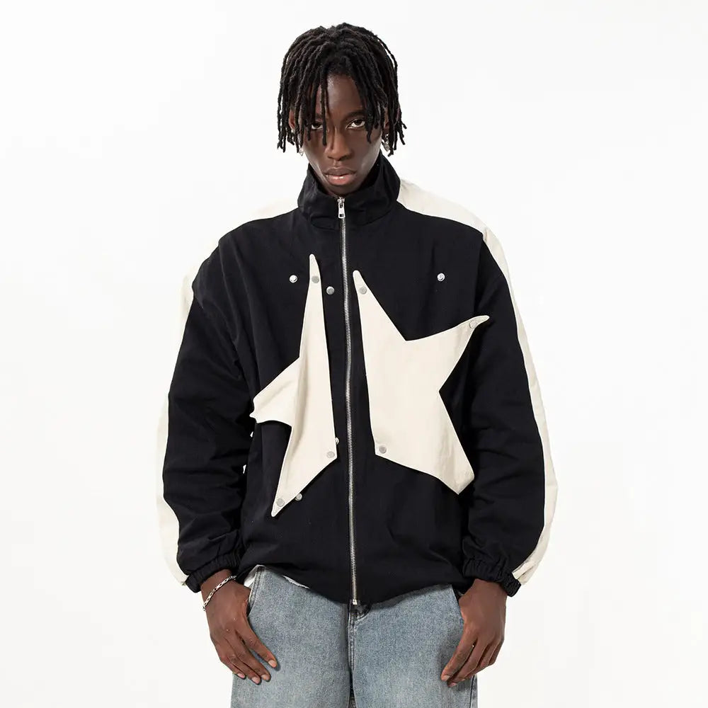 High Street Design Patch Five-pointed Star Stand Collar Zipper Coat For Men - www.Shopthatapp.com