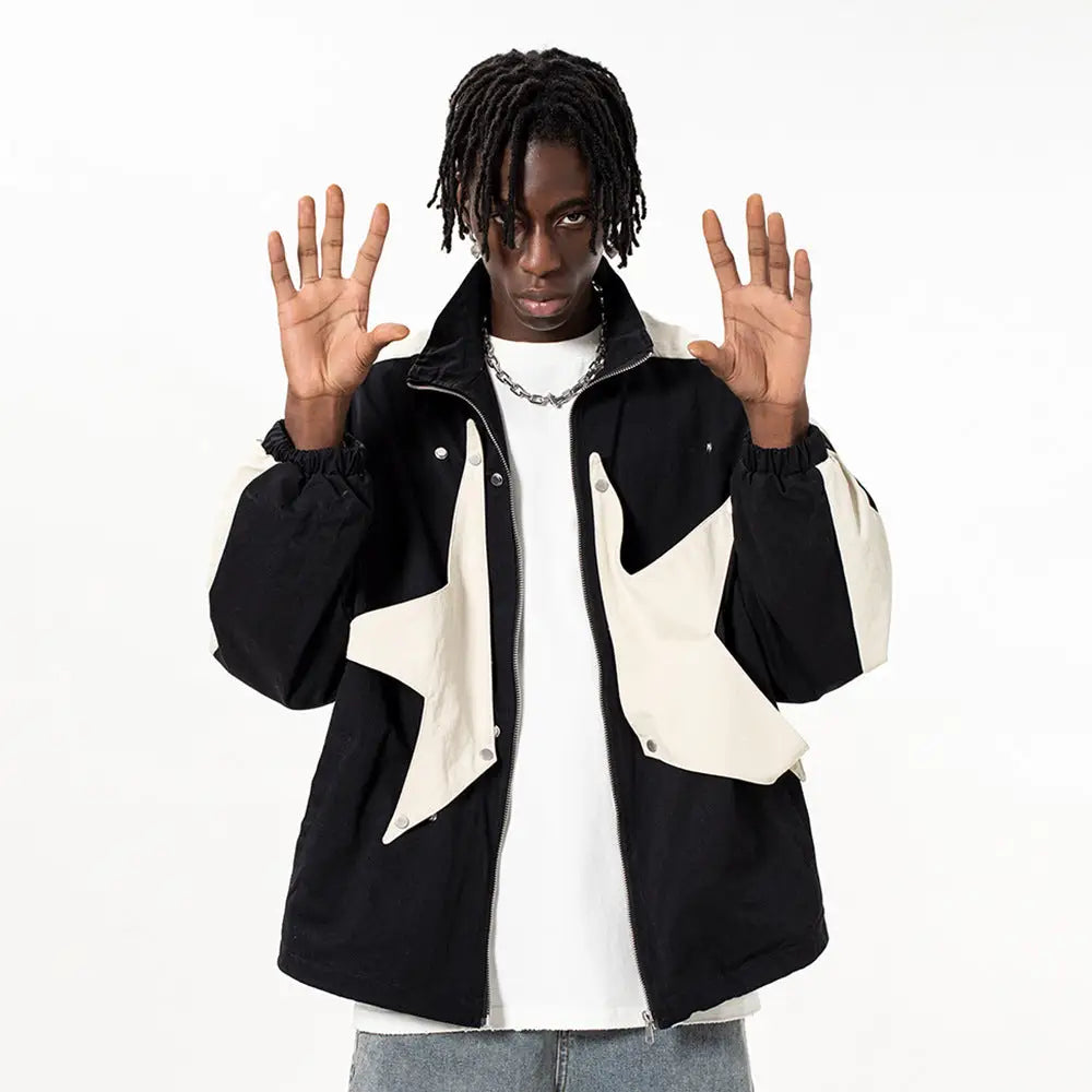 High Street Design Patch Five-pointed Star Stand Collar Zipper Coat For Men - www.Shopthatapp.com
