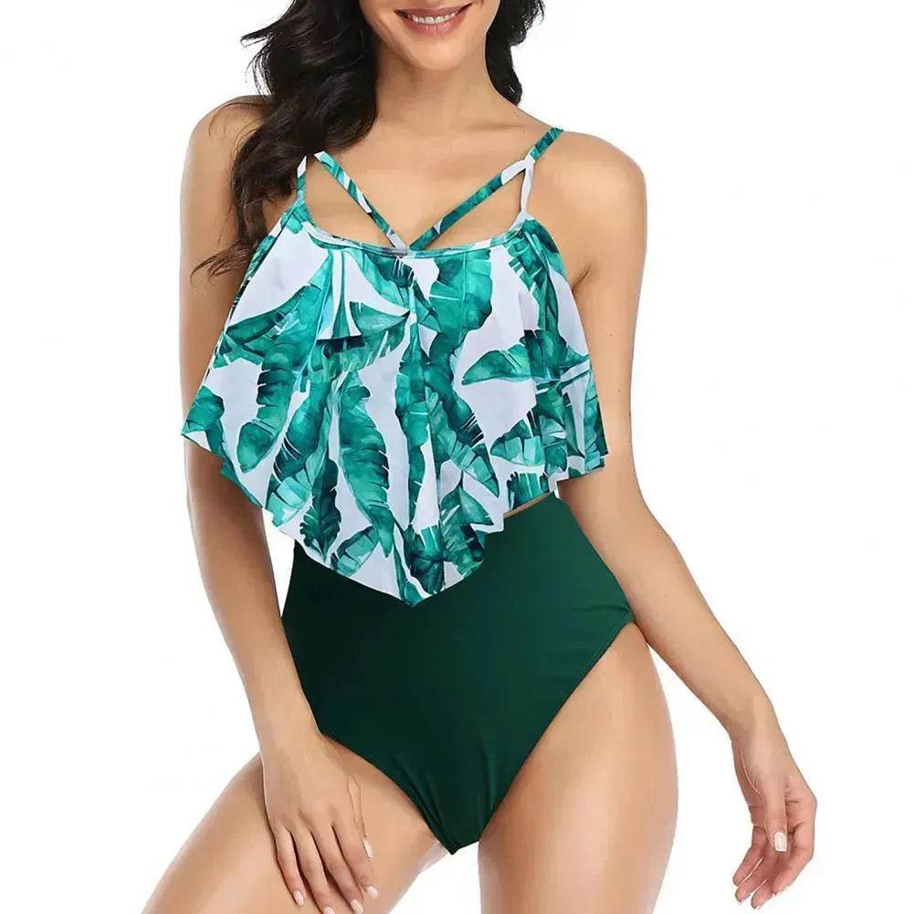 High Waist Split Swimsuit with Double Layer Lotus Leaf Design - www.Shopthatapp.com