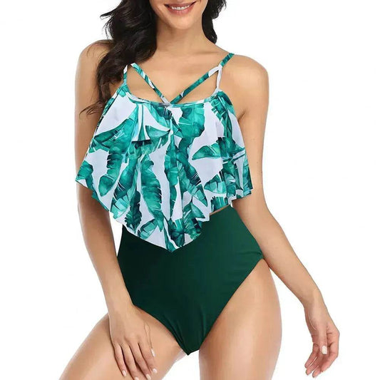 High Waist Split Swimsuit with Double Layer Lotus Leaf Design - www.Shopthatapp.com
