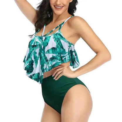 High Waist Split Swimsuit with Double Layer Lotus Leaf Design - www.Shopthatapp.com
