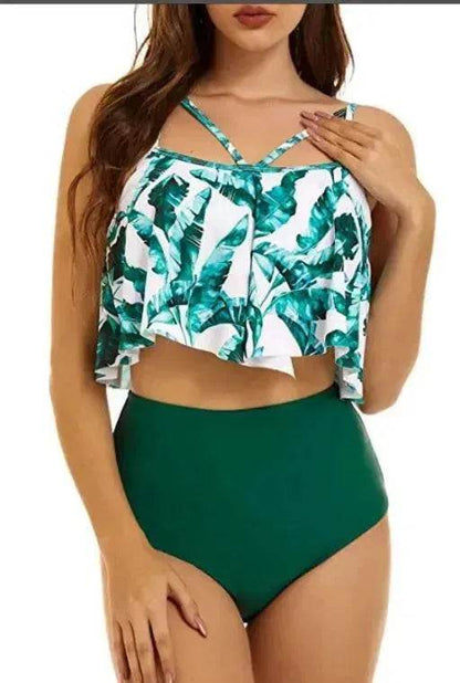 High Waist Split Swimsuit with Double Layer Lotus Leaf Design - www.Shopthatapp.com