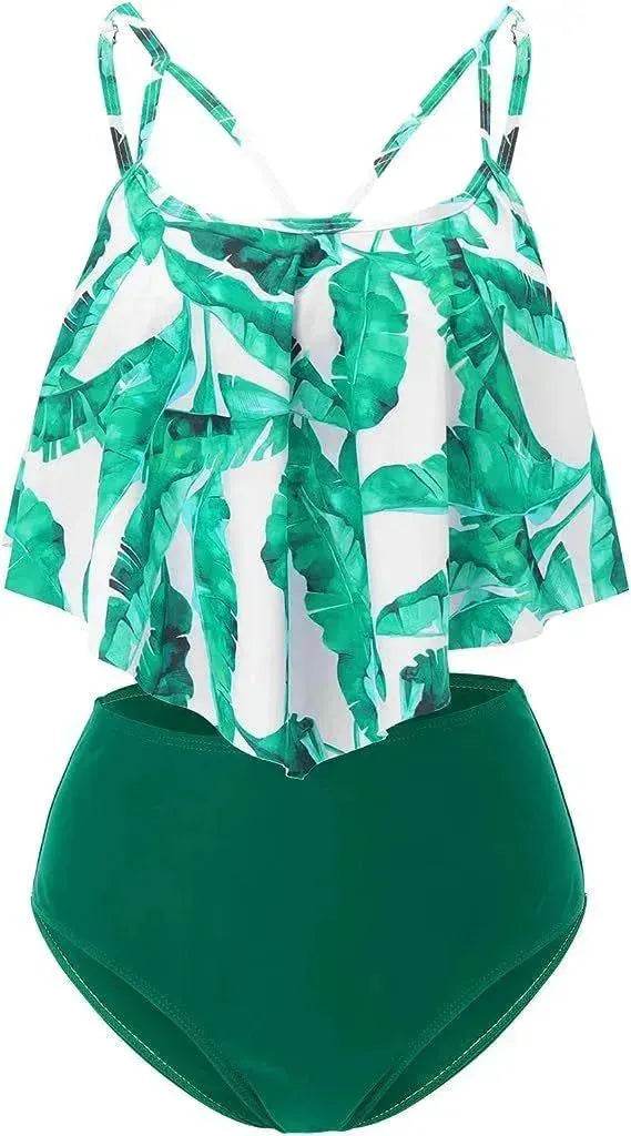 High Waist Split Swimsuit with Double Layer Lotus Leaf Design - www.Shopthatapp.com