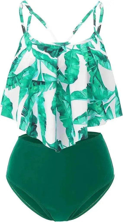 High Waist Split Swimsuit with Double Layer Lotus Leaf Design - www.Shopthatapp.com