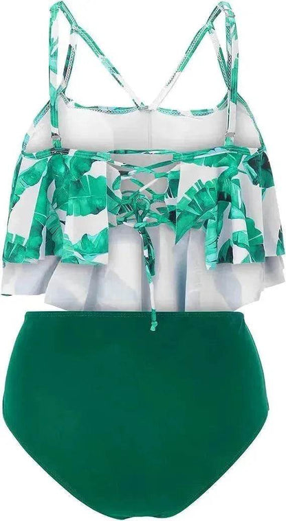 High Waist Split Swimsuit with Double Layer Lotus Leaf Design - www.Shopthatapp.com