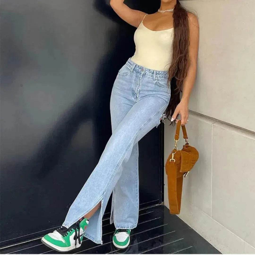 High Waist Stretch Ripped Hem Slit Denim Trousers For Women - www.Shopthatapp.com