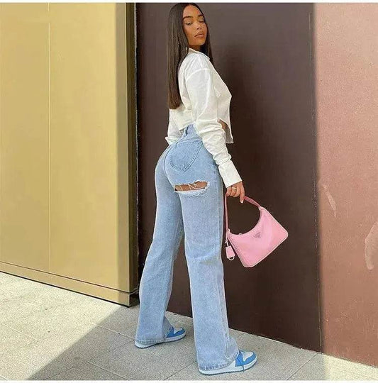 High Waist Stretch Ripped Hem Slit Denim Trousers For Women - www.Shopthatapp.com