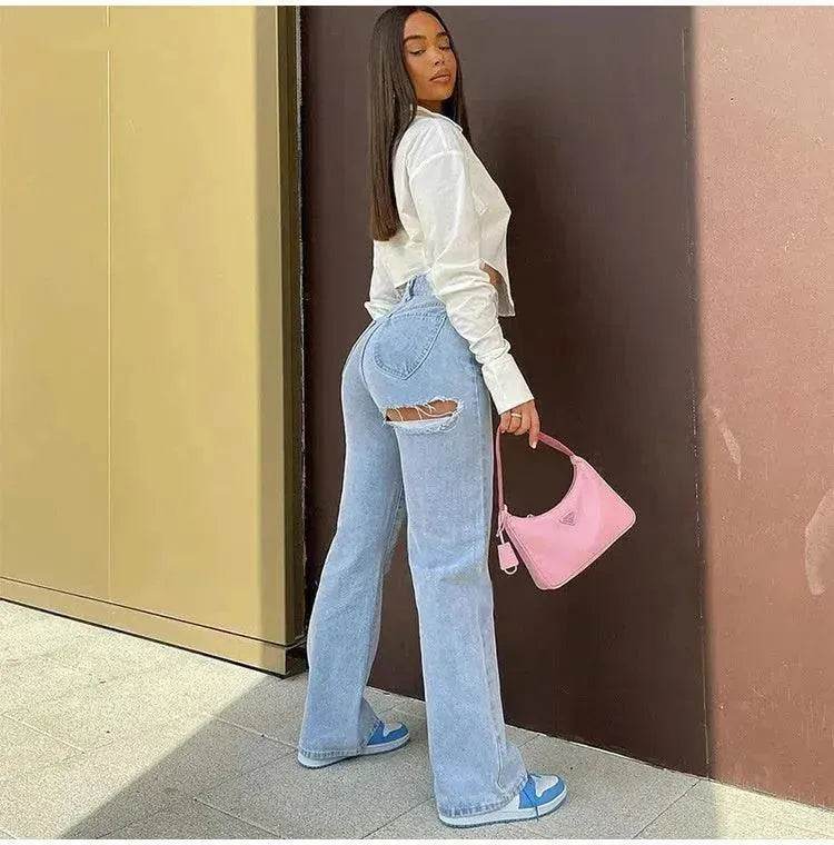 High Waist Stretch Ripped Hem Slit Denim Trousers For Women - www.Shopthatapp.com