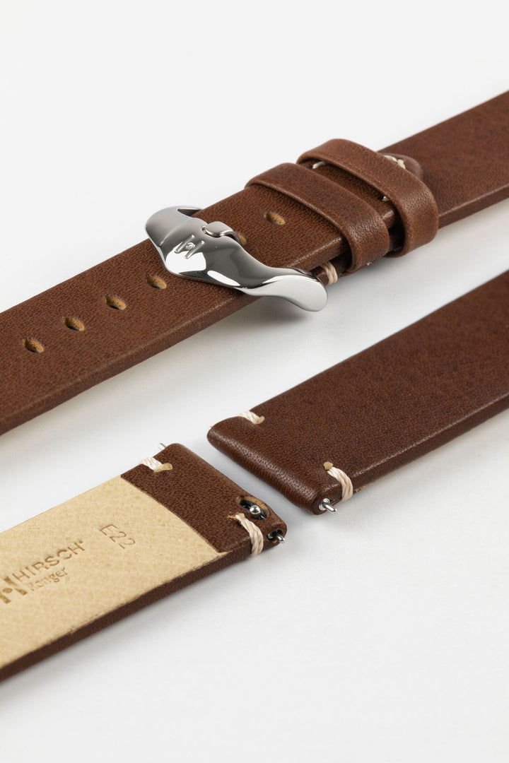 HIRSCH Ranger Retro Leather Parallel Strap Gold Brown 20mm Silver Buckle  | 05402070-20-SB - www.Shopthatapp.com