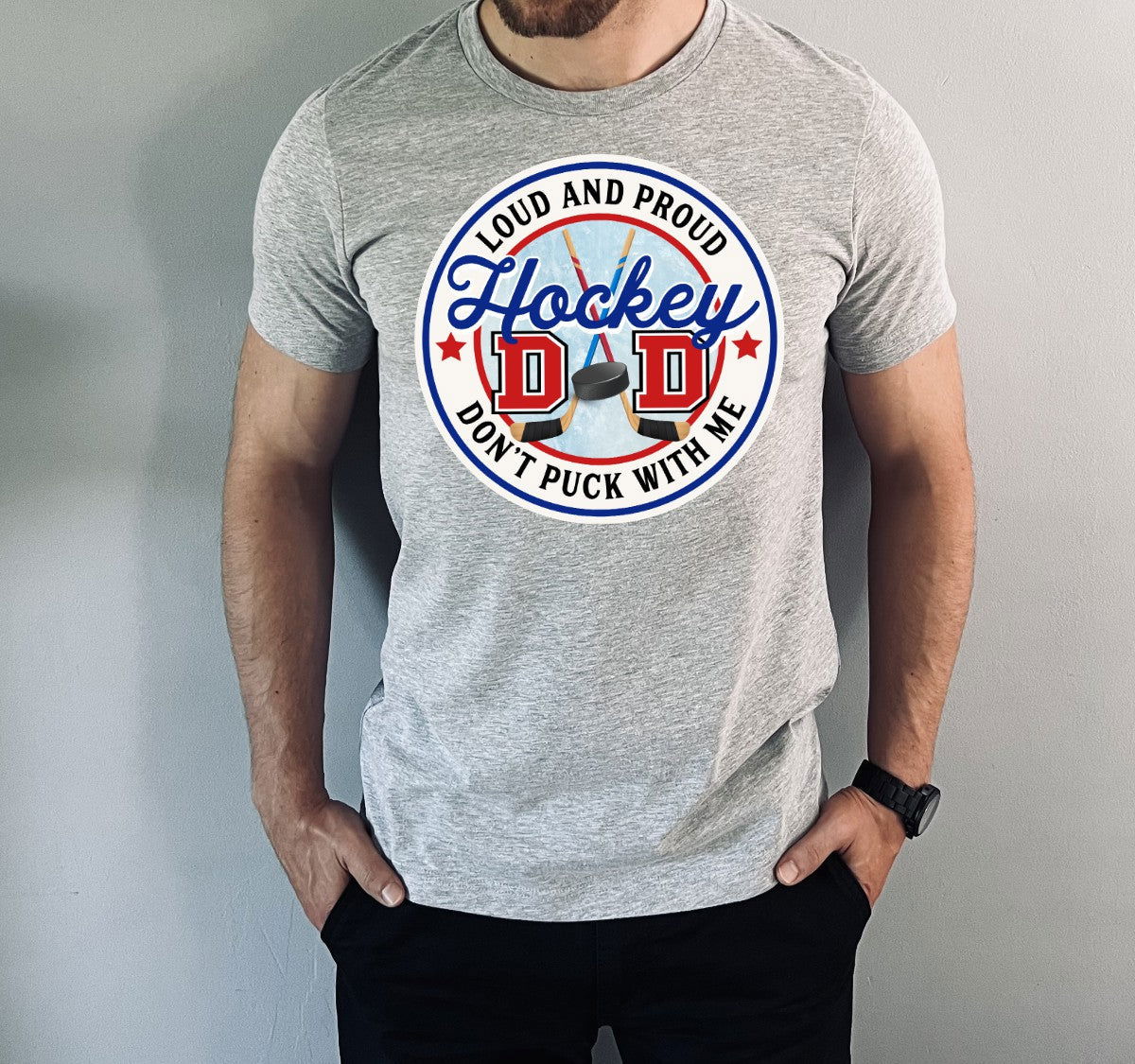 Men's Hockey Dad Hoodie Canada featuring a loud and proud graphic design with hockey sticks