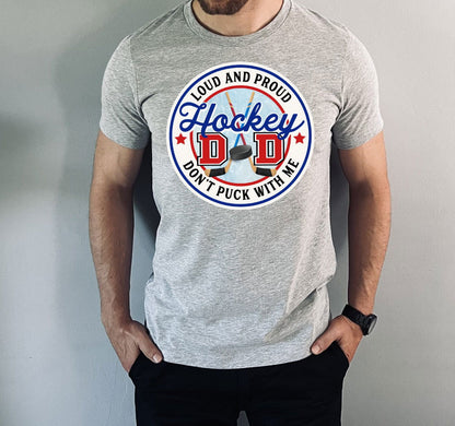 Men's Hockey Dad Hoodie Canada featuring a loud and proud graphic design with hockey sticks