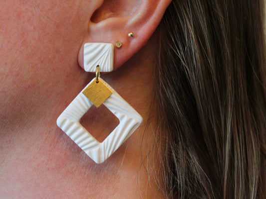 EMERY Earrings. Textured White, Polymer Clay statement Earrings with brass Dangles - www.Shopthatapp.com