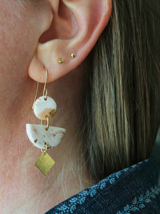 COLIBRI Earrings. White, Gray, Black and Gold leaf Polymer Clay statement earrings with brass dangles - www.Shopthatapp.com