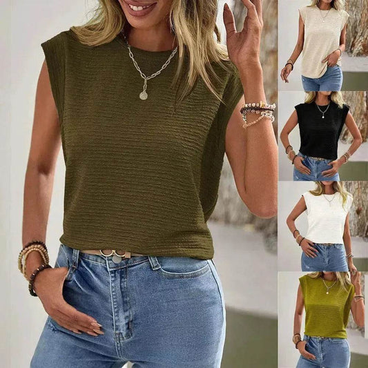Ins Pleated Round Neck Sleeveless Vest Top For Women Summer Fashion New Casual Solid Color  Womens Clothing - www.Shopthatapp.com
