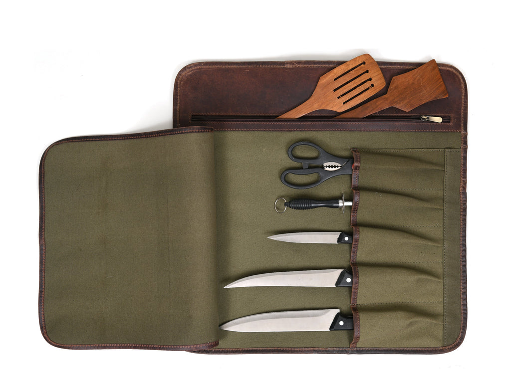 Iris Leather Chef Knife Roll Olive Green 5 Slot ( KR-64 ) - www.Shopthatapp.com