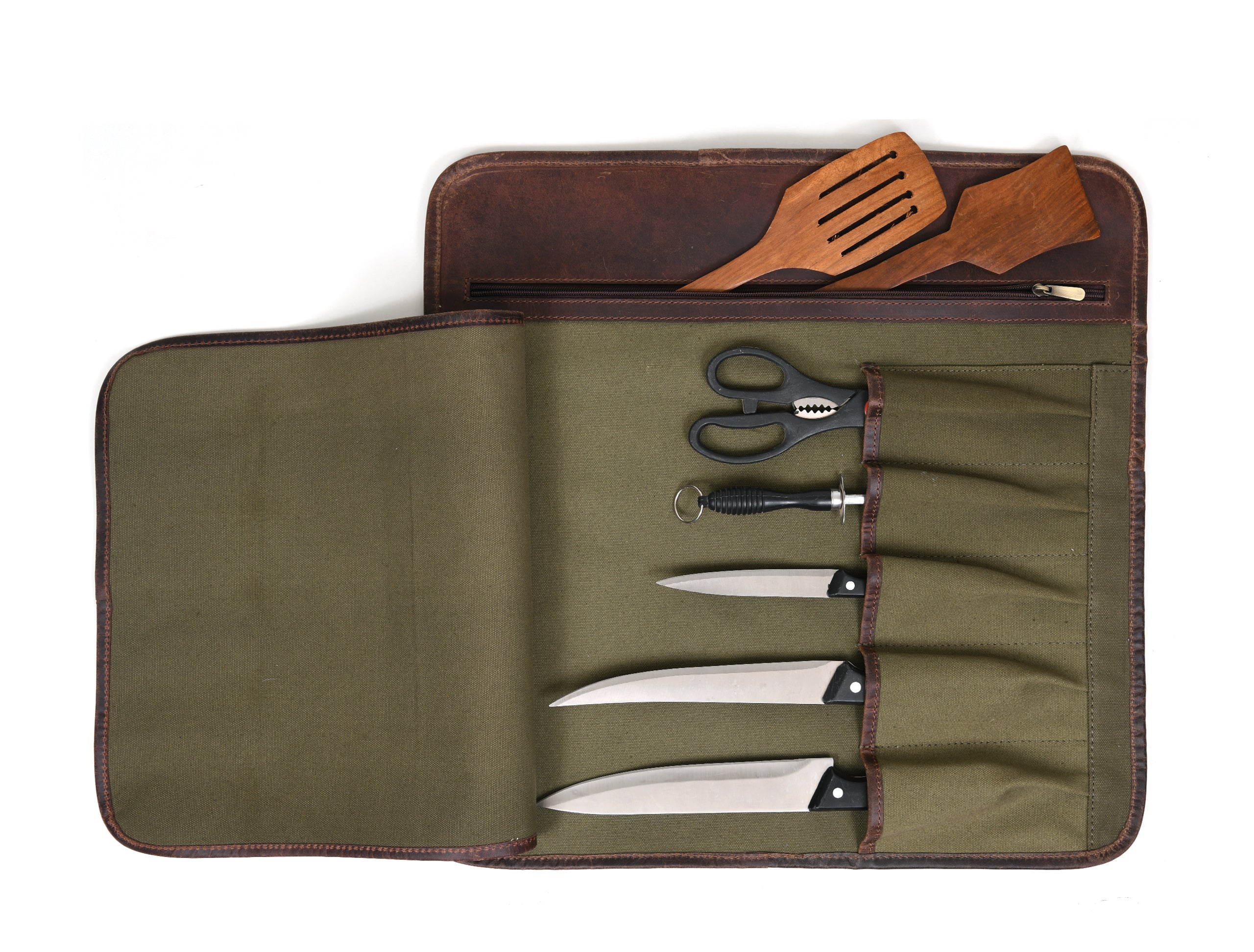 Iris Leather Chef Knife Roll Olive Green 5 Slot ( KR-64 ) - www.Shopthatapp.com
