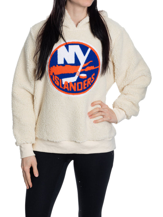New York Islanders Ladies Sherpa Hoodie with Premium Chenille Logo - www.Shopthatapp.com